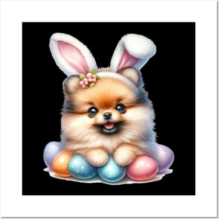 Puppy Pomeranian Bunny Ears Easter Eggs Happy Easter Day Posters and Art